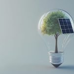 Green energy concept with isolated solar panels and eco-friendly LED bulbs.