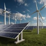 Green Industrial Factory with Renewable Energy. Wind Electricity Generators and Solar Panels. Eco Power Station 3d